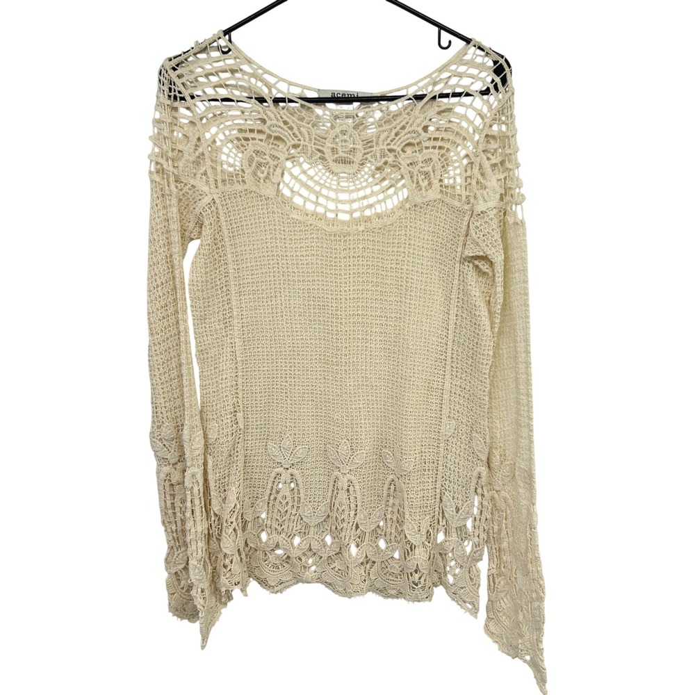 Boho Crochet Bell Sleeve Sweater L Cream Fairy Beachy Festival Ethereal Knit Top
